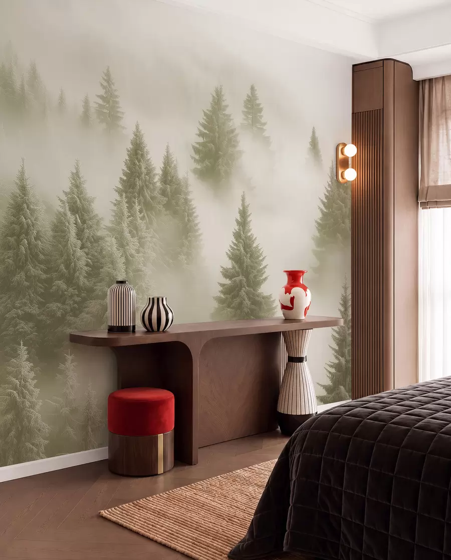 murais de parede Nevoeiro espesso que envolve uma floresta de neve matinal em tons verdes suaves w02064v2