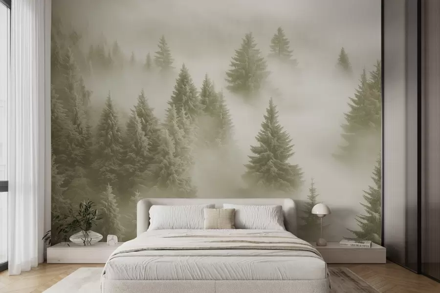 murais de parede Nevoeiro espesso que envolve uma floresta de neve matinal em tons verdes suaves w02064v2