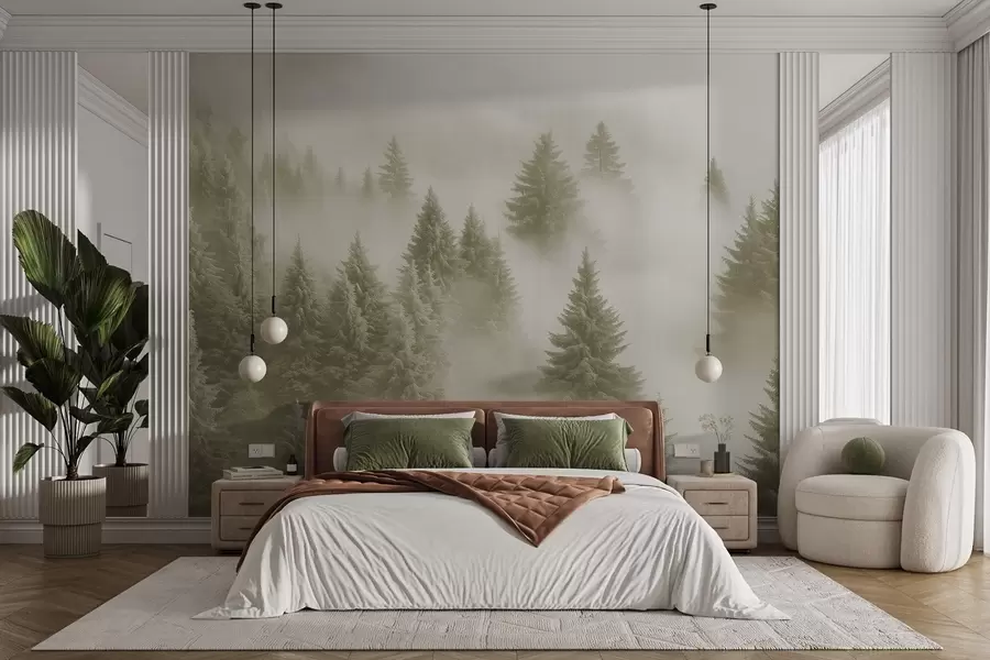 murais de parede Nevoeiro espesso que envolve uma floresta de neve matinal em tons verdes suaves w02064v2