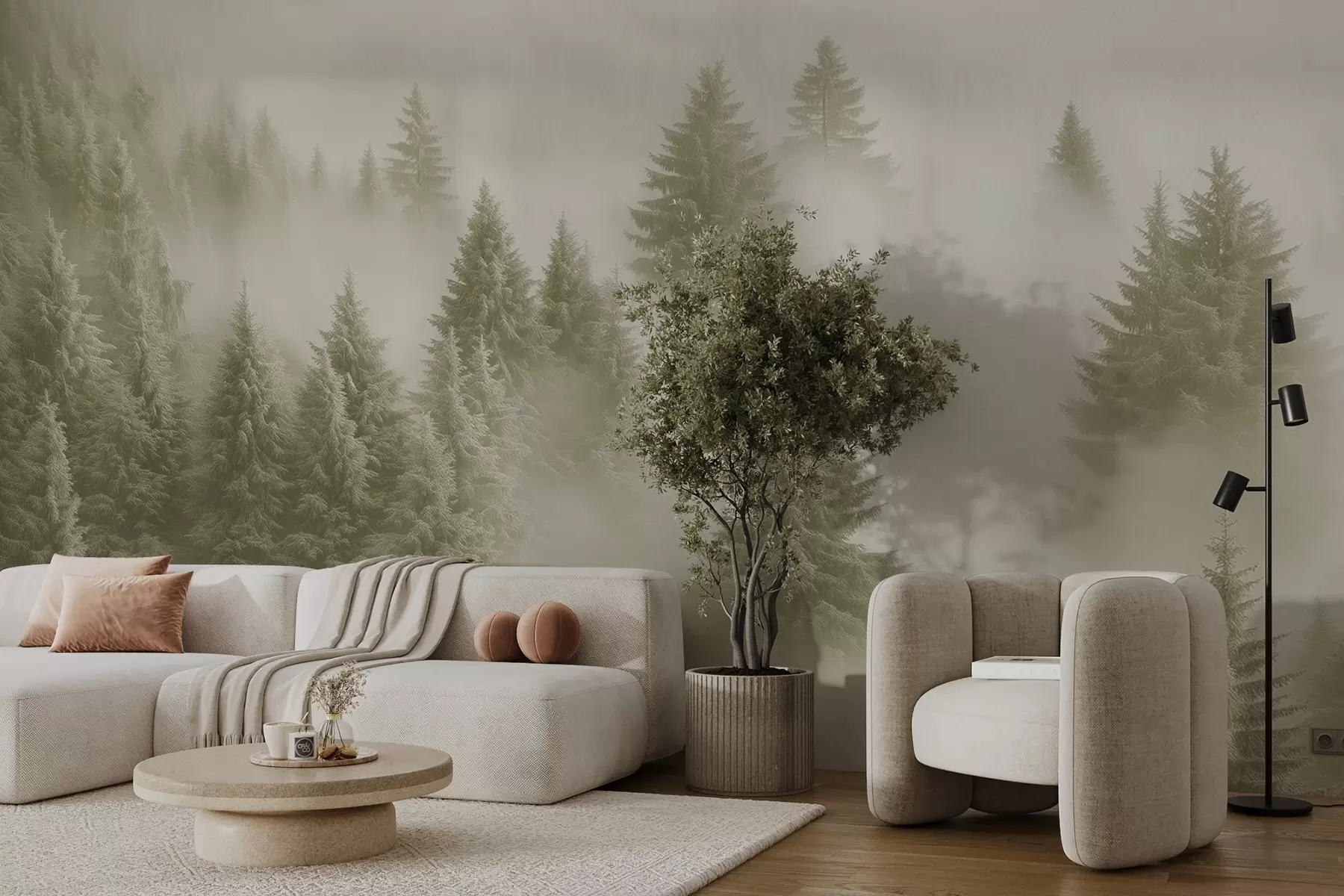 murais de parede Nevoeiro espesso que envolve uma floresta de neve matinal em tons verdes suaves w02064v2