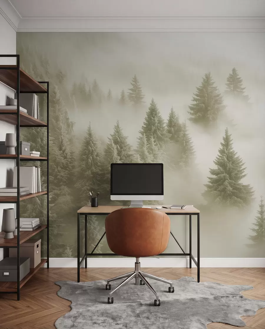 murais de parede Nevoeiro espesso que envolve uma floresta de neve matinal em tons verdes suaves w02064v2