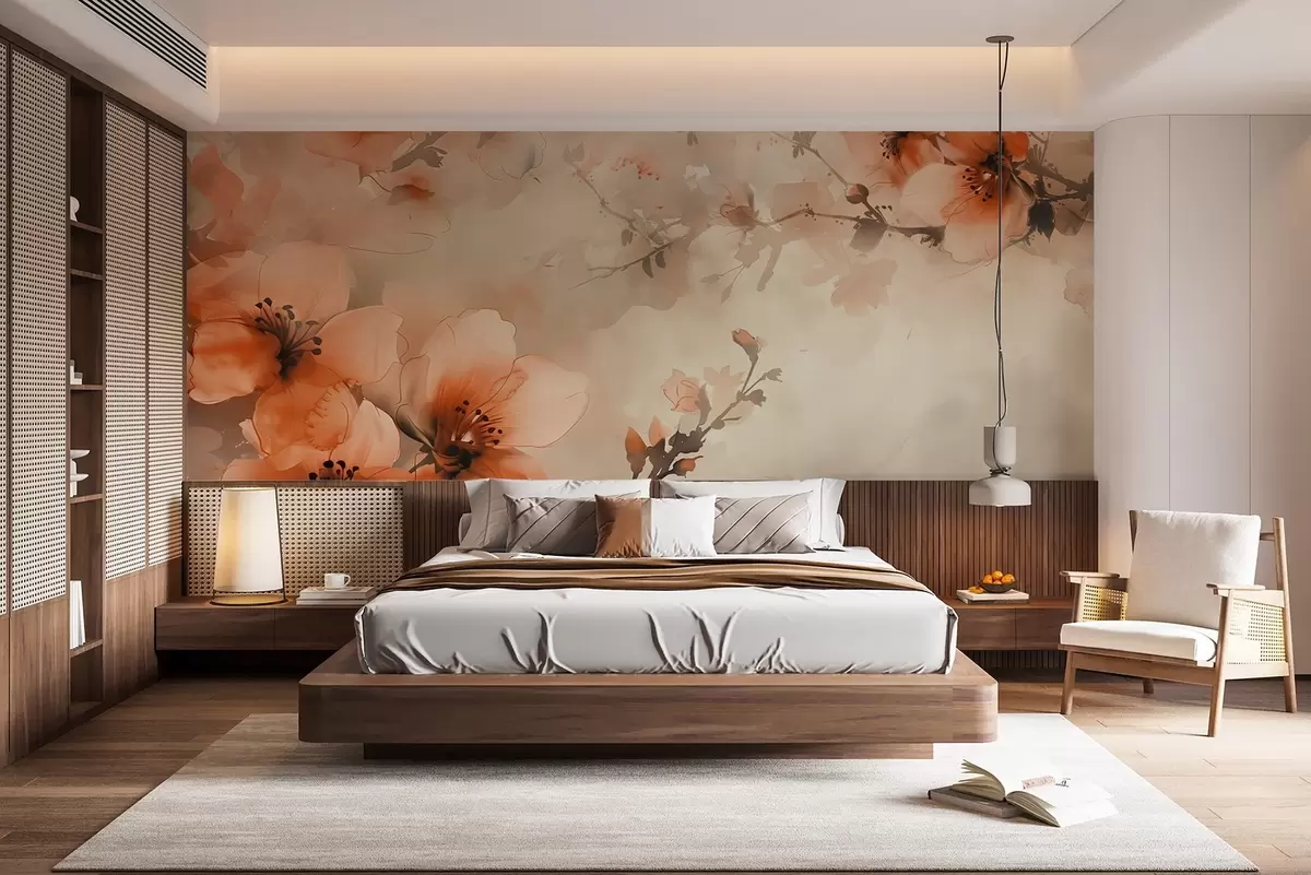 murais de parede Composição em aguarela de flores em tons quentes de pêssego e laranja w02068