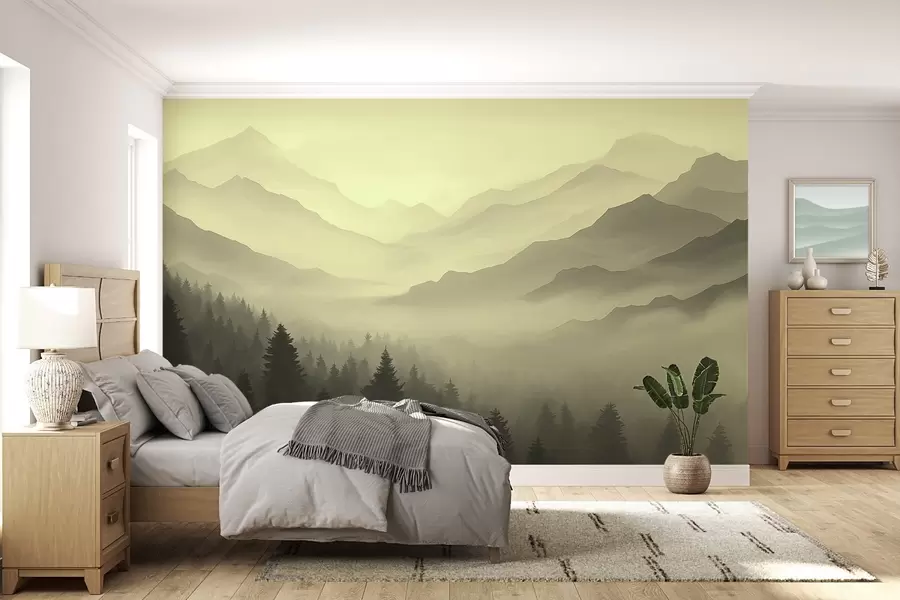 murais de parede Floresta e montanhas em tons de verde w02186v1