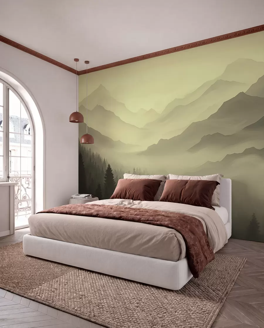 murais de parede Floresta e montanhas em tons de verde w02186v1