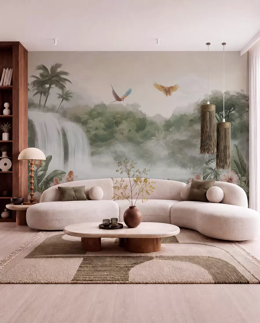 murais de parede Paisagem tropical com cascata, lago, flores e pássaros w02127