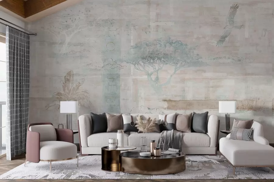 murais de parede Desenho vintage de efeito grunge com árvores, águia e elementos geométricos w02130