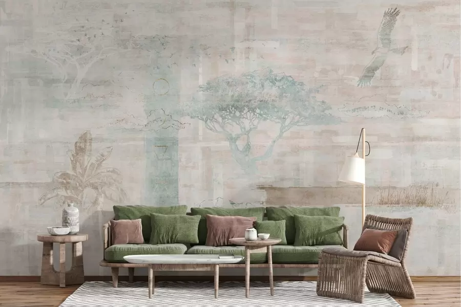 murais de parede Desenho vintage de efeito grunge com árvores, águia e elementos geométricos w02130