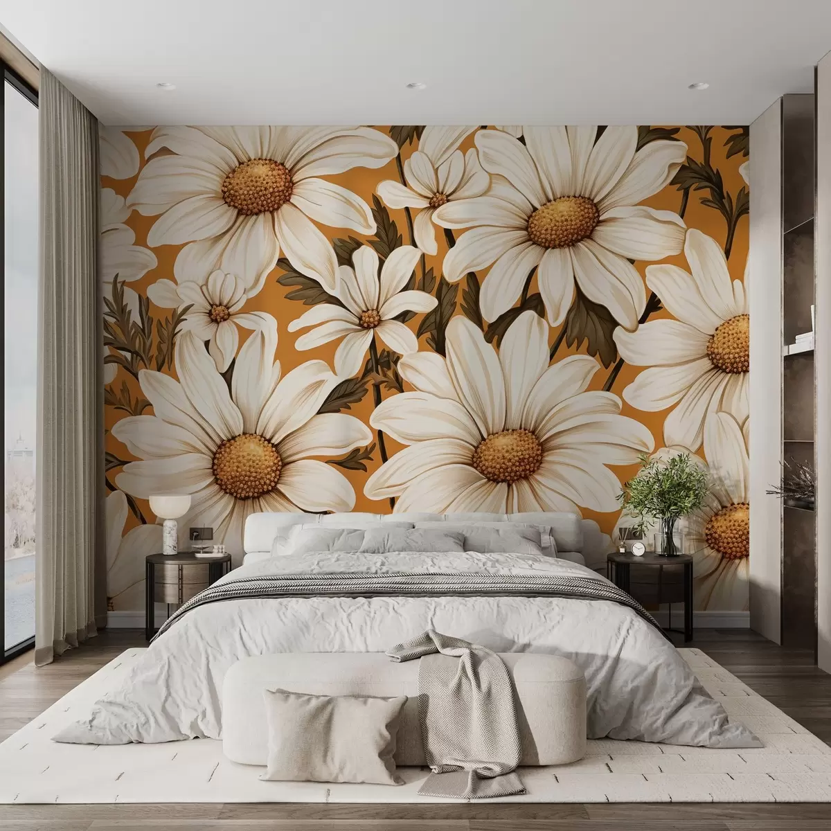 murais de parede Margaridas brancas num fundo amarelo estilo vintage w02171