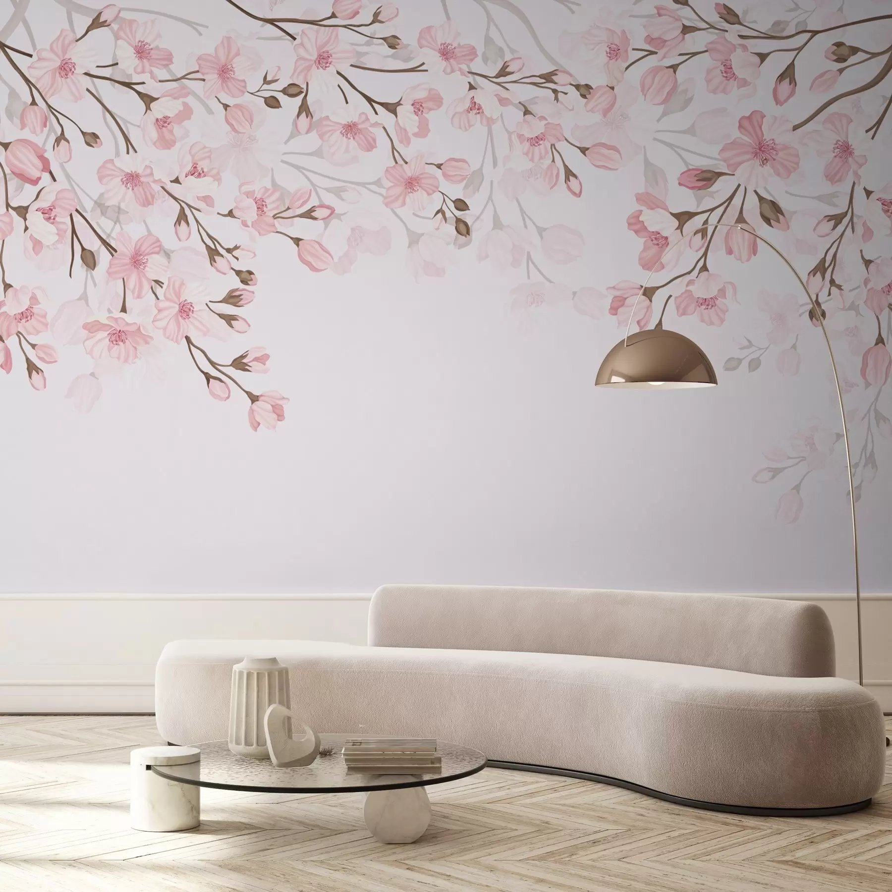 murais de parede ramos floridos cor-de-rosa sobre um fundo cor-de-rosa w02200
