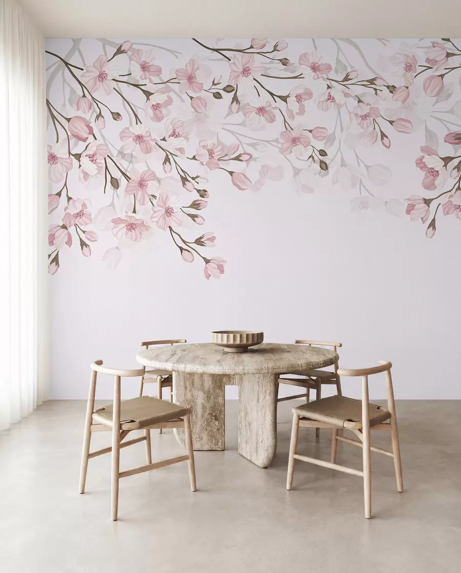 murais de parede ramos floridos cor-de-rosa sobre um fundo cor-de-rosa w02200