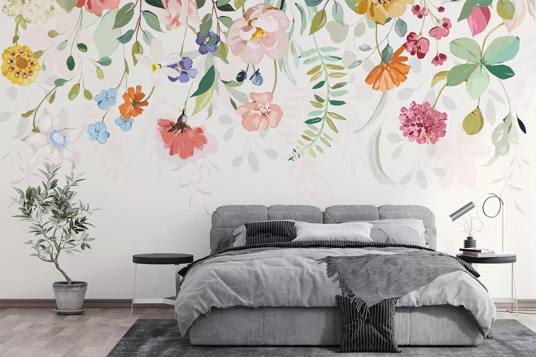 murais de parede flores e folhas de cores vivas no topo w02201