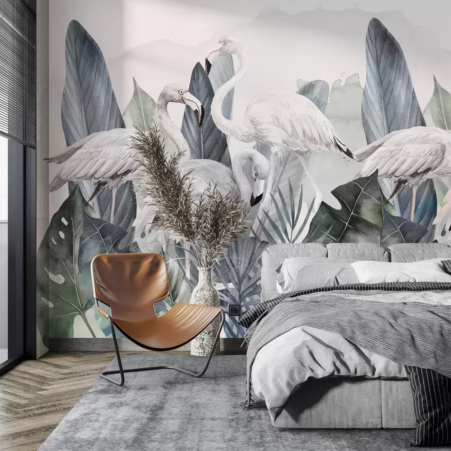 murais de parede Flamingos elegantes entre uma folhagem luxuriante w00505v2