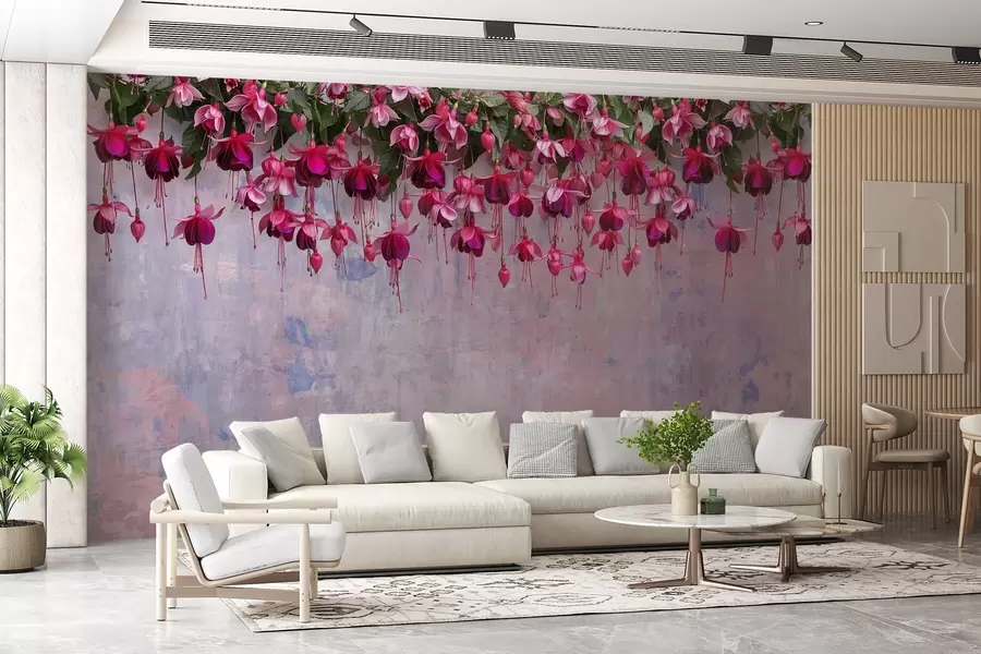 murais de parede Grandes flores fúcsia penduradas no fundo de uma parede retro com imitação de arranhões w02132