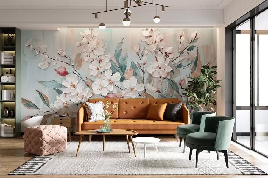 murais de parede Floral pastel delicadas flores brancas com centros cor-de-rosa, rodeadas por folhas e ramos verdes exuberantes w08399