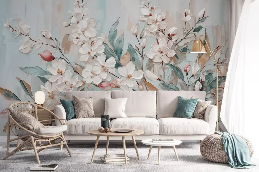 murais de parede Floral pastel delicadas flores brancas com centros cor-de-rosa, rodeadas por folhas e ramos verdes exuberantes w08399