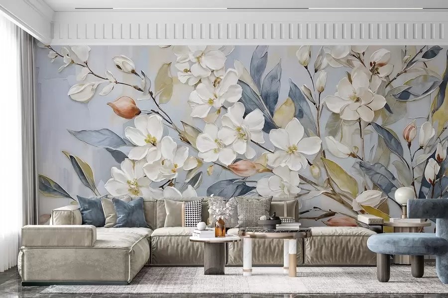 murais de parede Flores brancas delicadas em tons pastel com centros amarelos, rodeadas por folhas e ramos verdes exuberantes w08399v1