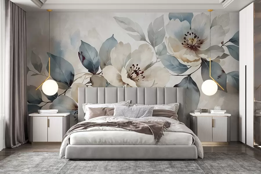 murais de parede Delicado arranjo floral branco e azul com textura de aguarela, com pétalas e centros suaves w08401