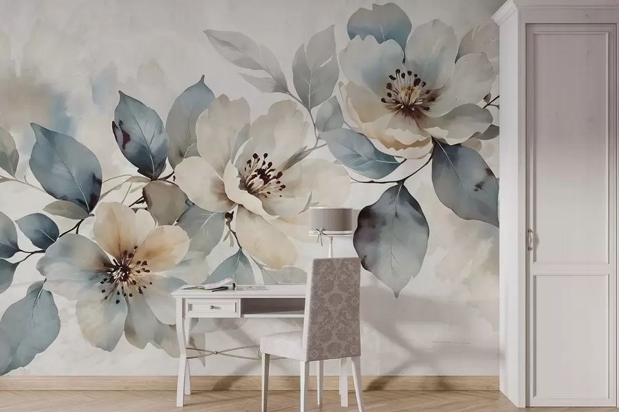 murais de parede Delicado arranjo floral branco e azul com textura de aguarela, com pétalas e centros suaves w08401