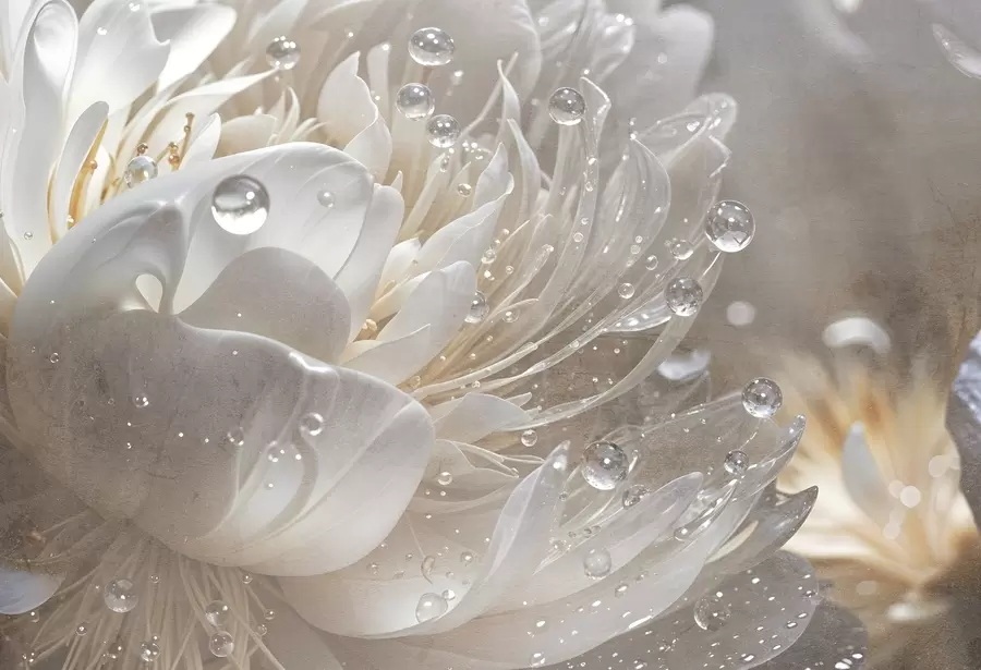 murais de parede Grande plano de uma flor de peónia bege com gotas de água nas suas pétalas delicadas, criando uma atmosfera suave w08402