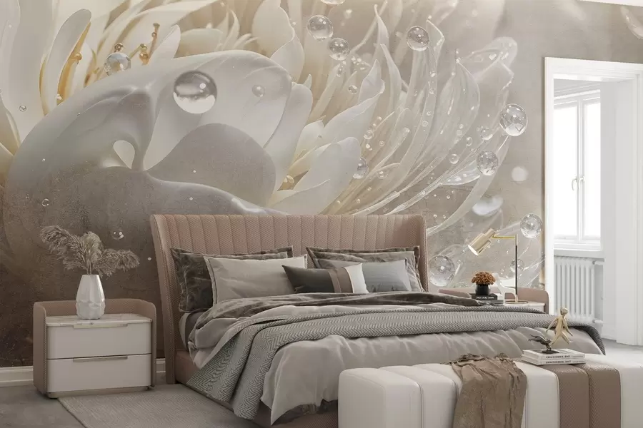murais de parede Grande plano de uma flor de peónia bege com gotas de água nas suas pétalas delicadas, criando uma atmosfera suave w08402
