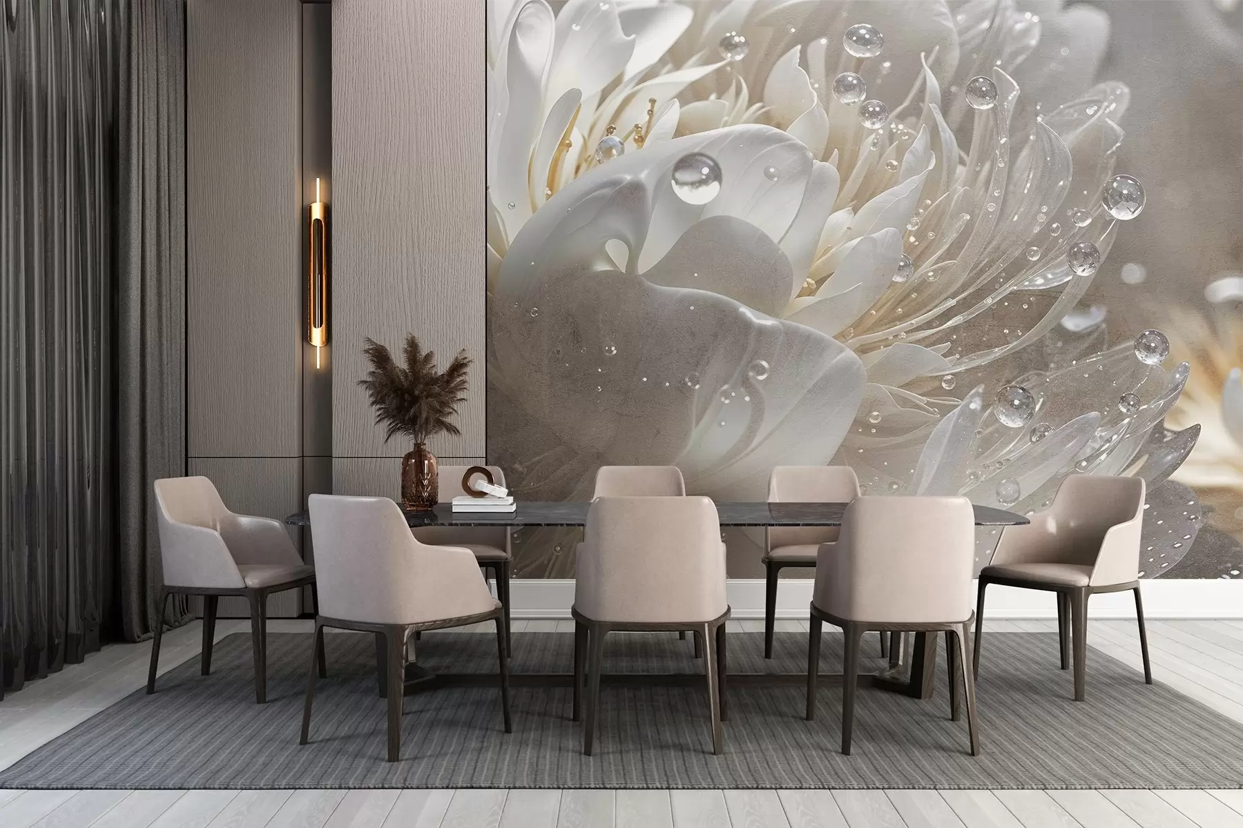 murais de parede Grande plano de uma flor de peónia bege com gotas de água nas suas pétalas delicadas, criando uma atmosfera suave w08402