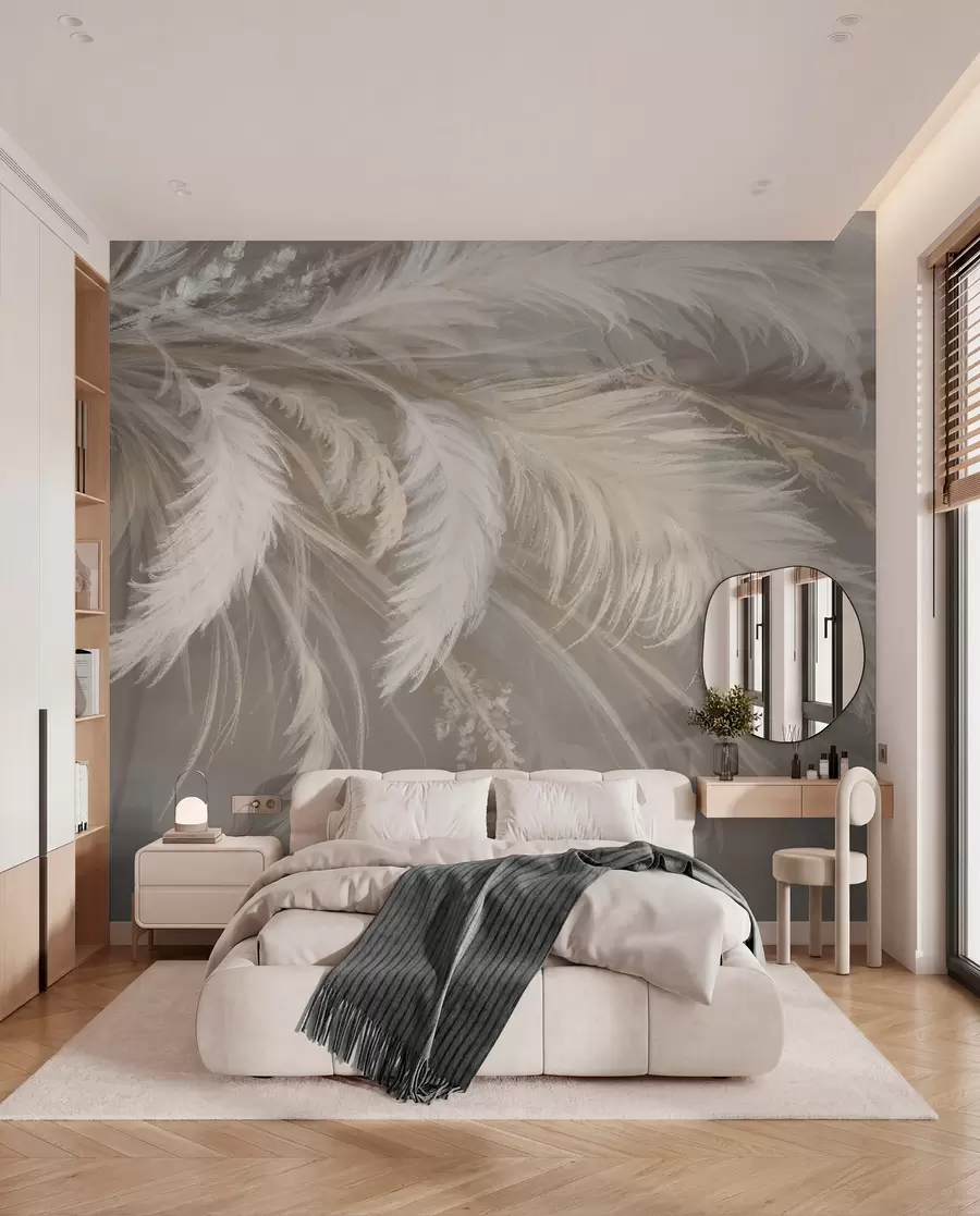 murais de parede Penas brancas macias e fofas e flores secas sobre um fundo bege pastel neutro w08403