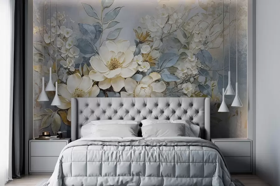 murais de parede Grandes flores brancas e amarelas pálidas com textura e folhas verde-acinzentadas num fundo suave e desfocado w08404