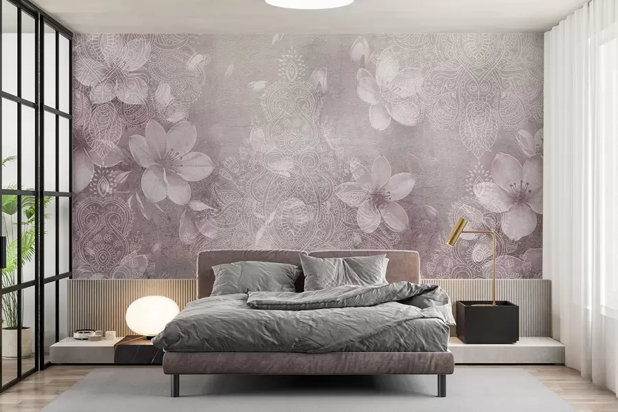 murais de parede Desenho de flores brancas delicadas num fundo de bordo de renda com textura esbatida w08405v2