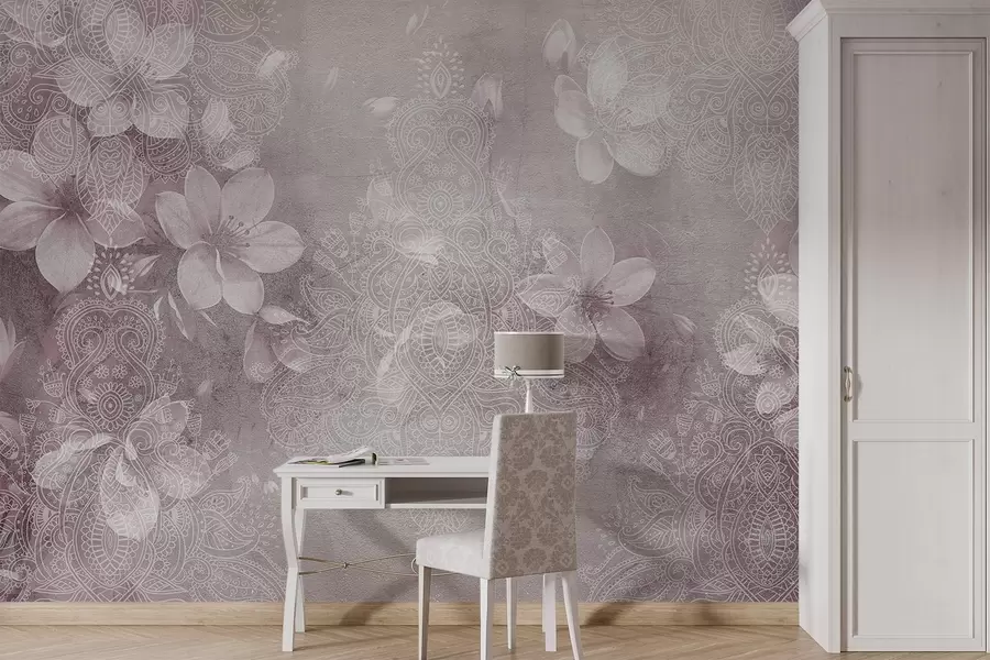 murais de parede Desenho de flores brancas delicadas num fundo de bordo de renda com textura esbatida w08405v2