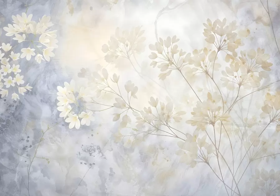 murais de parede Impressão abstrata delicada em tons pastel de flores brancas num fundo esbatido, suave e etéreo w08408