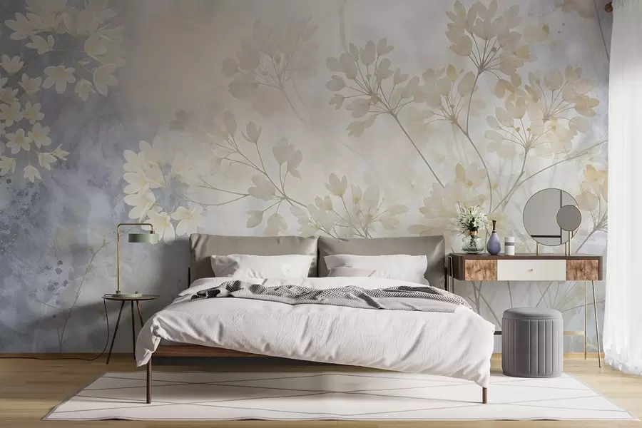 murais de parede Impressão abstrata delicada em tons pastel de flores brancas num fundo esbatido, suave e etéreo w08408