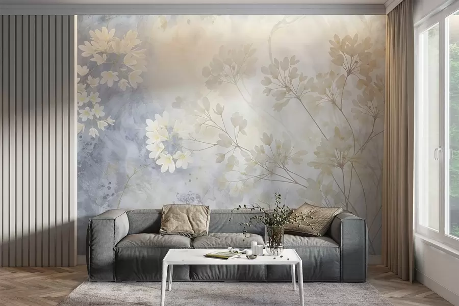 murais de parede Impressão abstrata delicada em tons pastel de flores brancas num fundo esbatido, suave e etéreo w08408