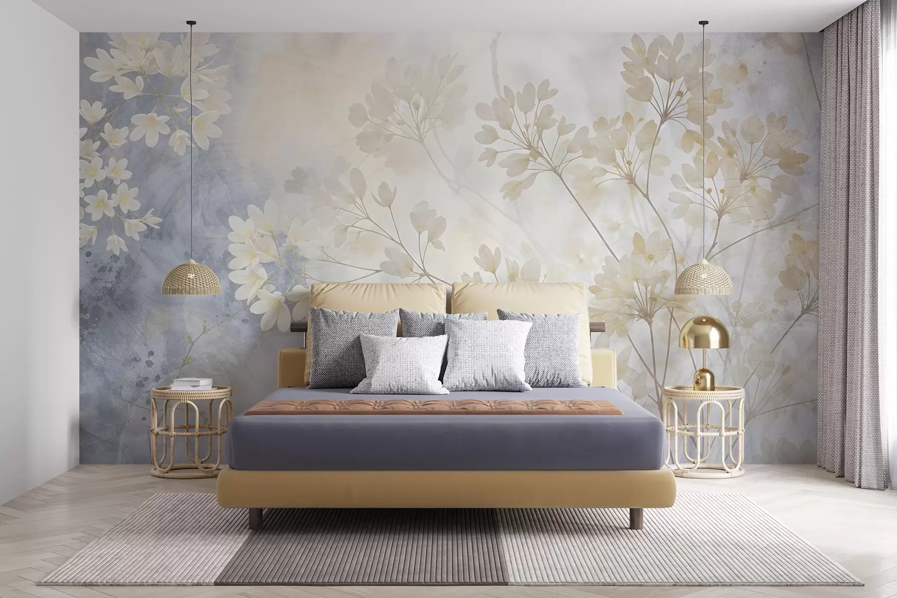 murais de parede Impressão abstrata delicada em tons pastel de flores brancas num fundo esbatido, suave e etéreo w08408