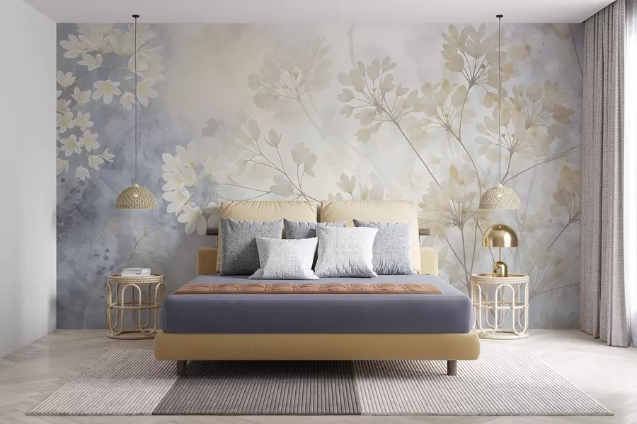 murais de parede Impressão abstrata delicada em tons pastel de flores brancas num fundo esbatido, suave e etéreo w08408