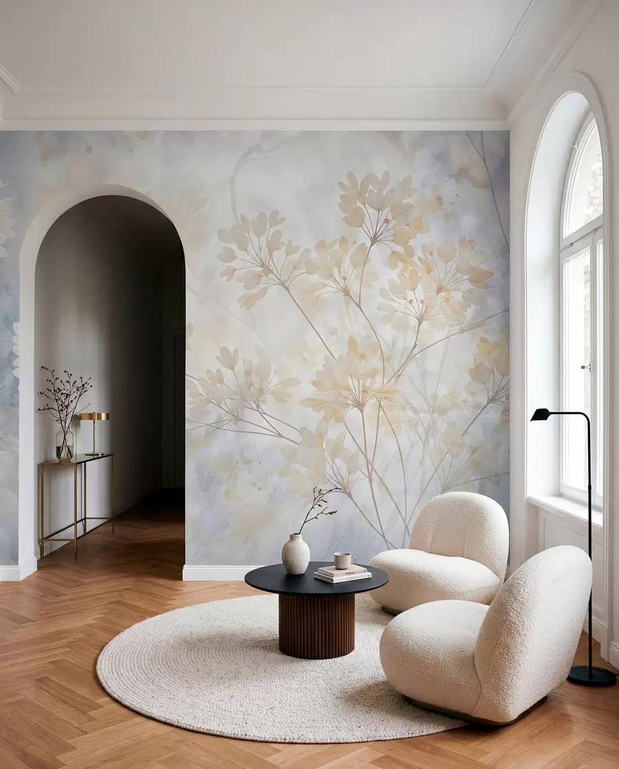 murais de parede Impressão abstrata delicada em tons pastel de flores brancas num fundo esbatido, suave e etéreo w08408