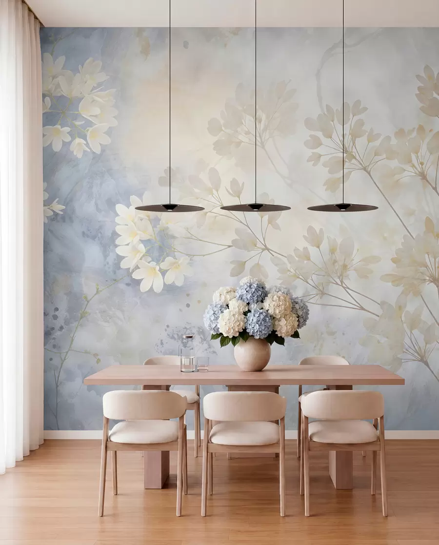 murais de parede Impressão abstrata delicada em tons pastel de flores brancas num fundo esbatido, suave e etéreo w08408