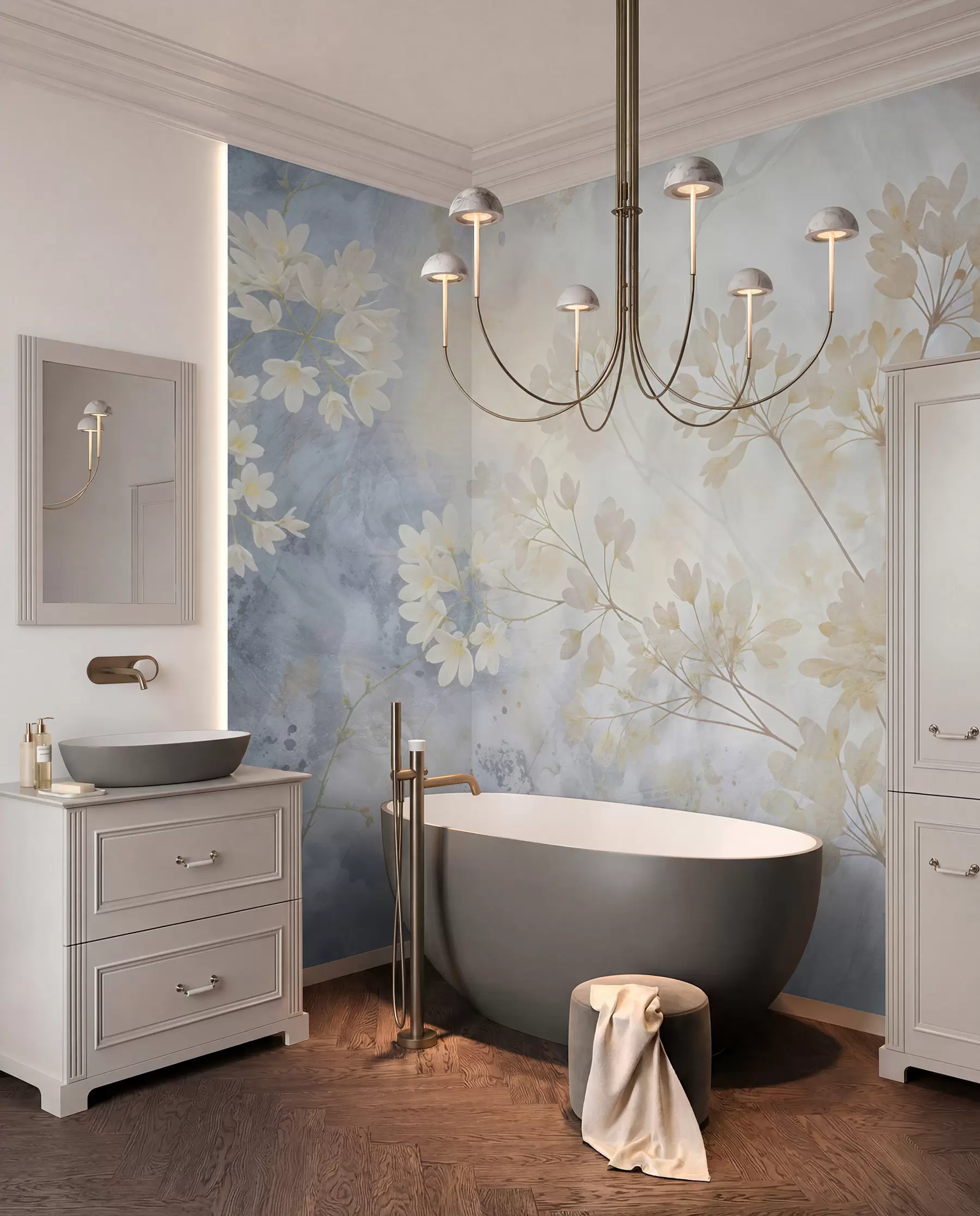 murais de parede Impressão abstrata delicada em tons pastel de flores brancas num fundo esbatido, suave e etéreo w08408