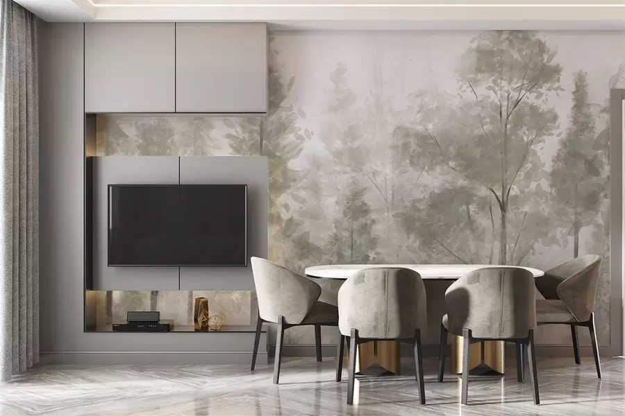 murais de parede Pinheiros altos e texturados numa floresta de nevoeiro, com uma atmosfera enevoada e nebulosa w08411