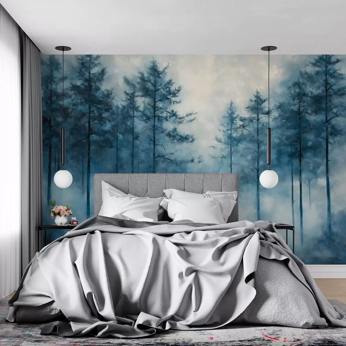 murais de parede Floresta mística, pinheiros, nevoeiro, tinta acrílica, cores azuis profundas w02149