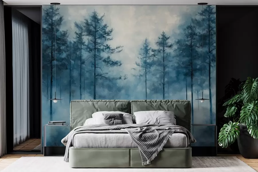 murais de parede Floresta mística, pinheiros, nevoeiro, tinta acrílica, cores azuis profundas w02149