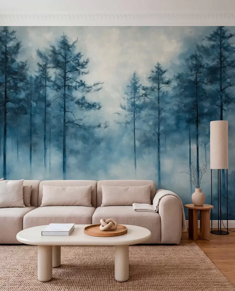 murais de parede Floresta mística, pinheiros, nevoeiro, tinta acrílica, cores azuis profundas w02149
