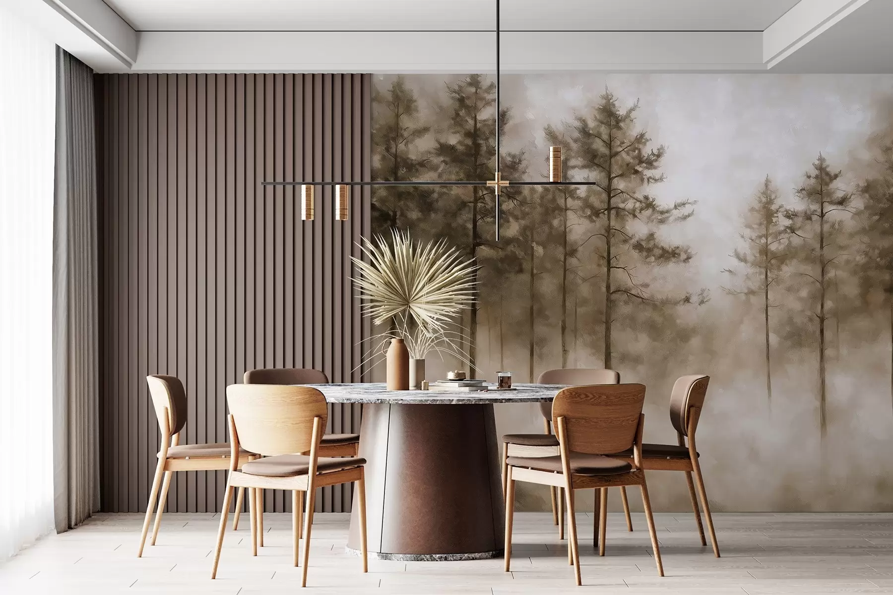 murais de parede Floresta mística, pinheiros, nevoeiro, tinta acrílica, cores bege w02149v1