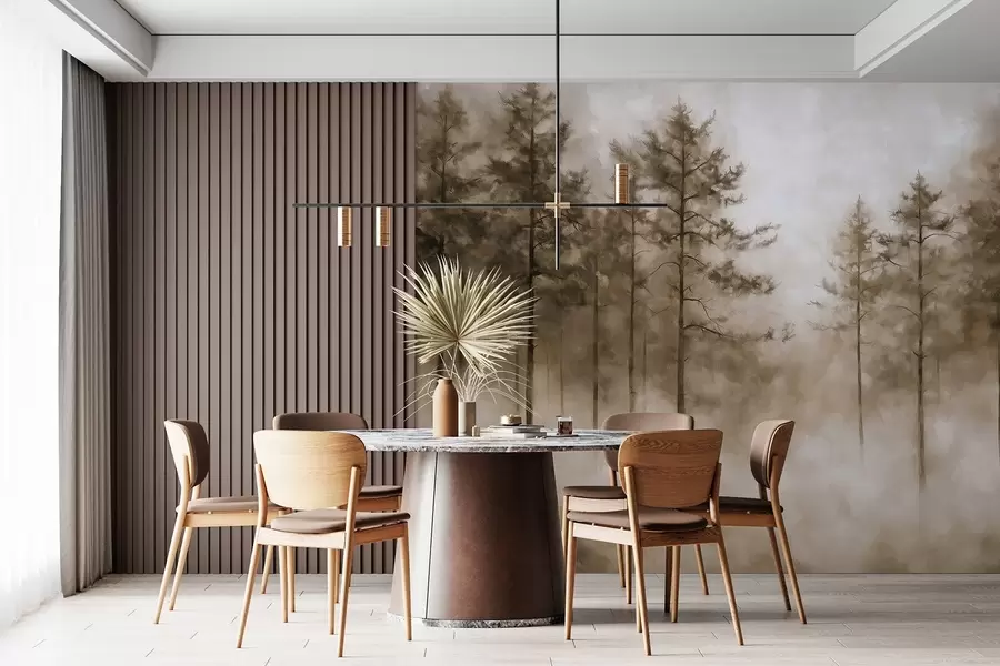 murais de parede Floresta mística, pinheiros, nevoeiro, tinta acrílica, cores bege w02149v1