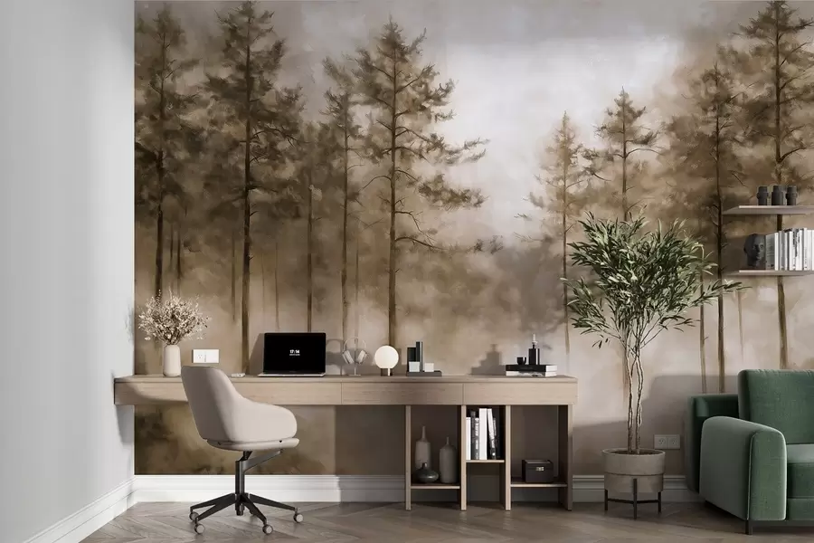 murais de parede Floresta mística, pinheiros, nevoeiro, tinta acrílica, cores bege w02149v1
