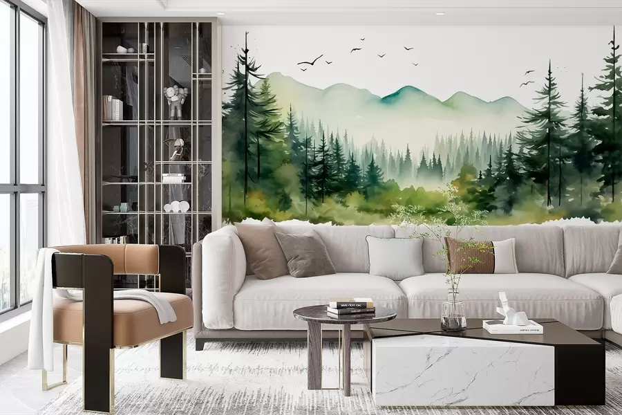 murais de parede Paisagens de floresta e montanha em aguarela, paleta de cores verde  w02150