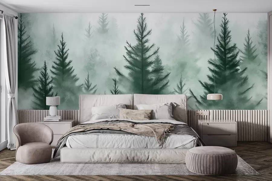 murais de parede Floresta no nevoeiro, pinheiros, aguarela, cores verdes w02152v1