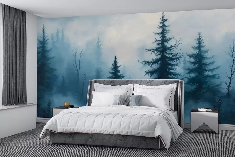 murais de parede Floresta azul escura, pintura a óleo, pinceladas, natureza w02153