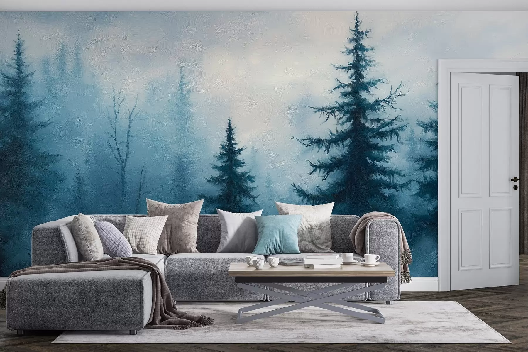 murais de parede Floresta azul escura, pintura a óleo, pinceladas, natureza w02153