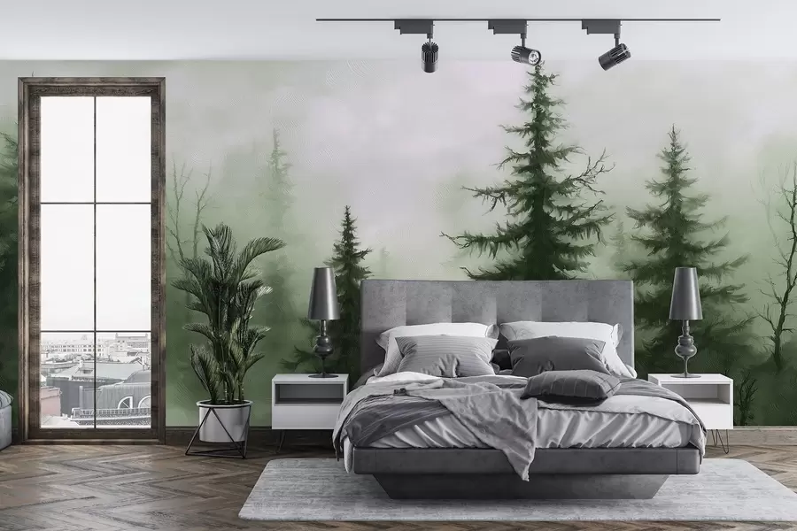 murais de parede Floresta verde escura, pintura a óleo, pinceladas, natureza w02153v1