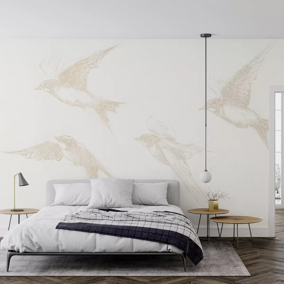 murais de parede Pássaros voadores, desenho a lápis, minimalismo, cores bege suaves w02154